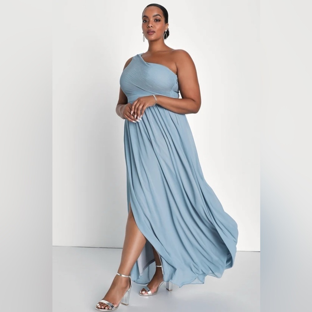 Lulu’s Lovely Endings Dusty Blue One-Shoulder Pleated Maxi Dress‎ Dusty Blue 1X - Picture 4 of 12